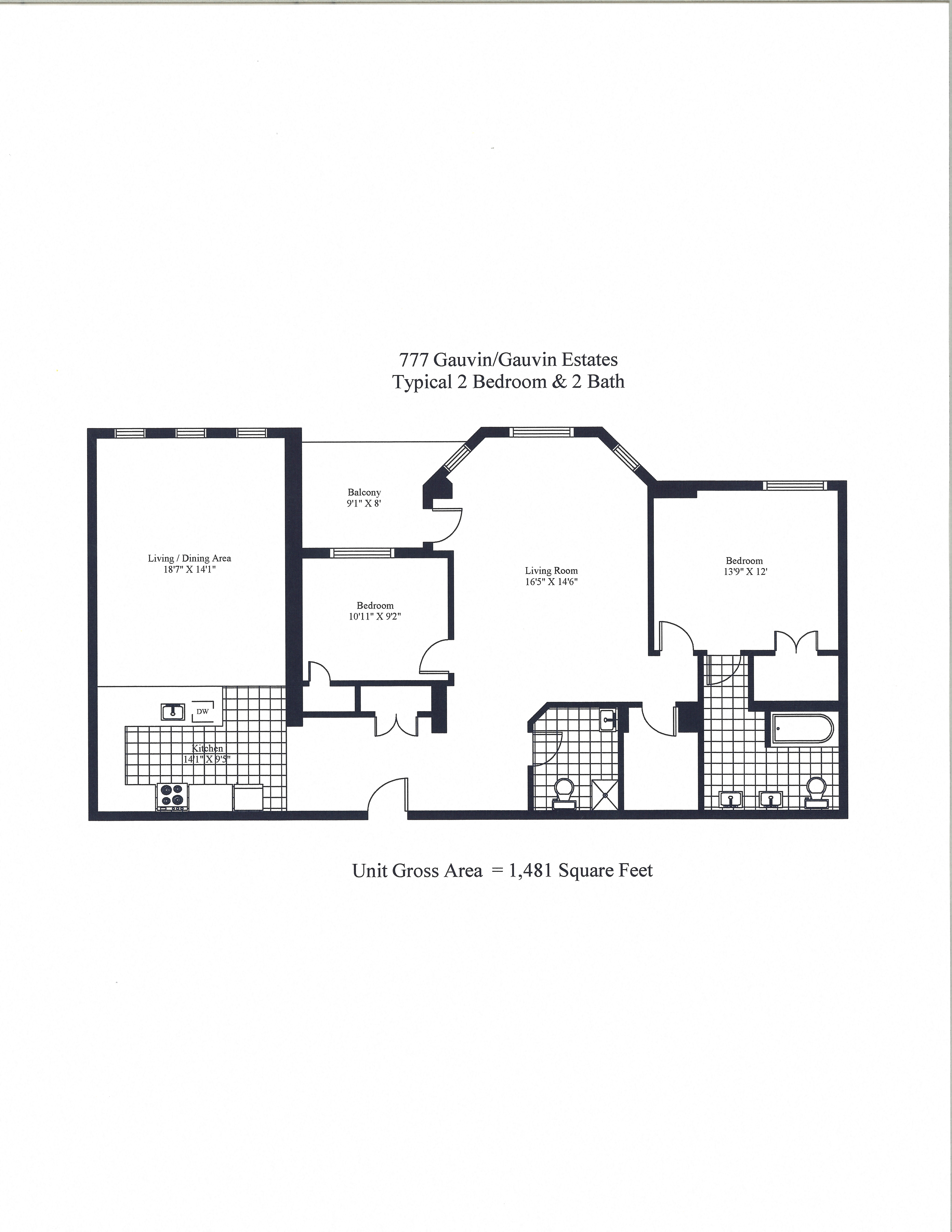 Floor plan for 2 beds, 2 baths, 1481 sqft